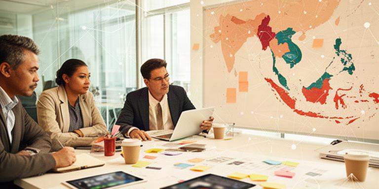 Singapore-based consulting team reviewing an ASEAN digital expansion map in a bright strategy workshop